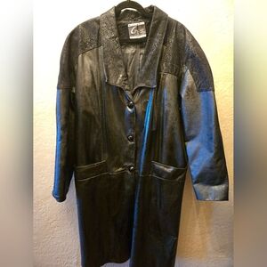 Vintage 1990s G-III Leather Coat Black Paisley Embossed Panel Long Jacket